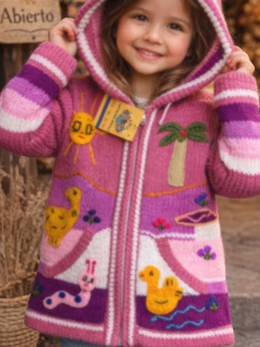 Girls Pink Hooded Knit Coat with Beach Animal Appliqués
